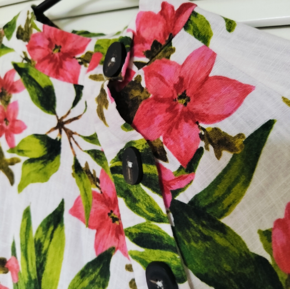 Zara Linen Blend Tropical Floral Blouse Green/Pink Size M Hawaiian - Picture 3 of 7